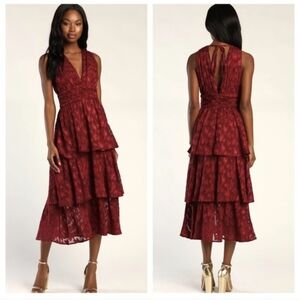 Lulu's Maroon Jacquard Tiered Midi Dress